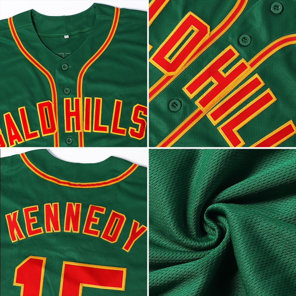 Custom Kelly Green Red-Gold Authentic Baseball Jersey view 6