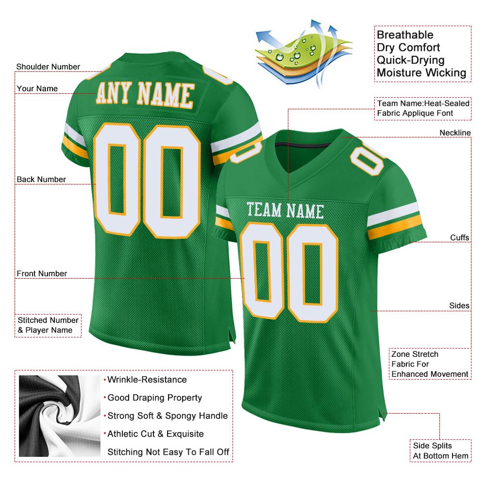 Custom Grass Green White-Gold Mesh Authentic Football Jersey view 4