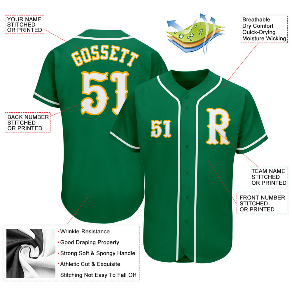 Custom Kelly Green White-Gold Authentic Baseball Jersey view 3