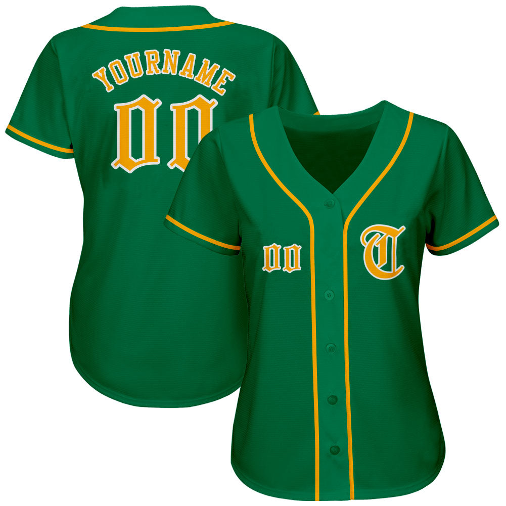Custom Kelly Green Gold-White Authentic Baseball Jersey view 2