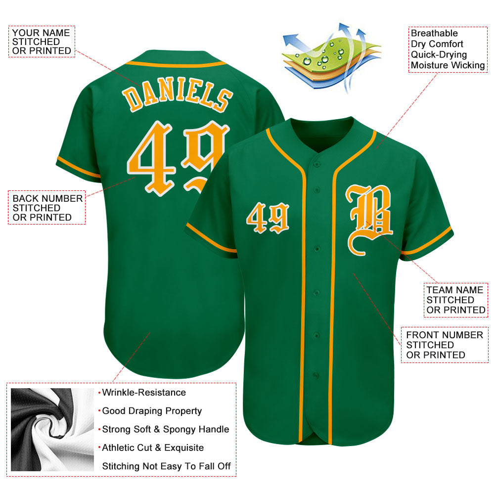Custom Kelly Green Gold-White Authentic Baseball Jersey view 3