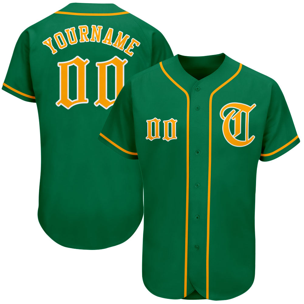 Custom Kelly Green Gold-White Authentic Baseball Jersey - Main View