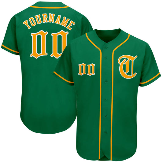 Custom Kelly Green Gold-White Authentic Baseball Jersey - Main View