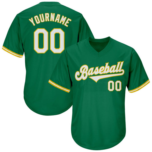 Custom Kelly Green White-Gold Authentic Throwback Rib-Knit Baseball Jersey Shirt - Main View