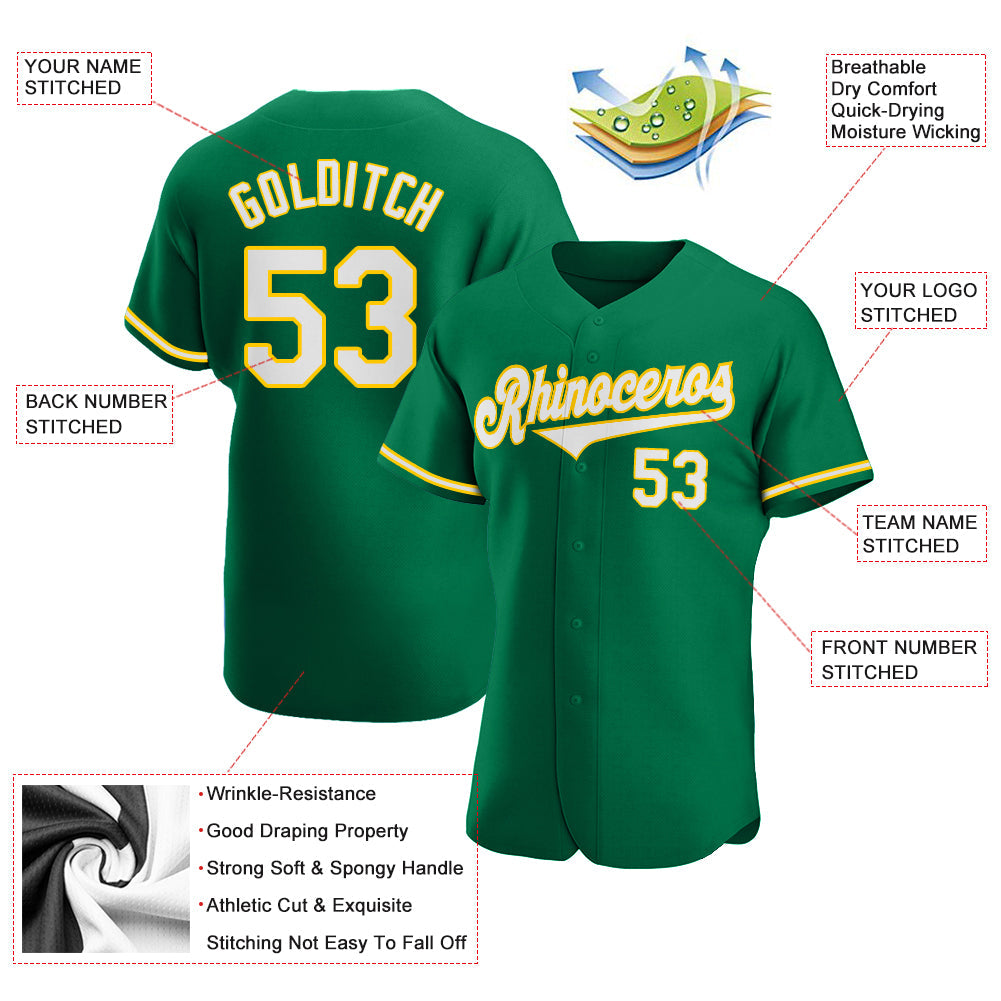 Custom Kelly Green White-Gold Authentic Baseball Jersey view 3