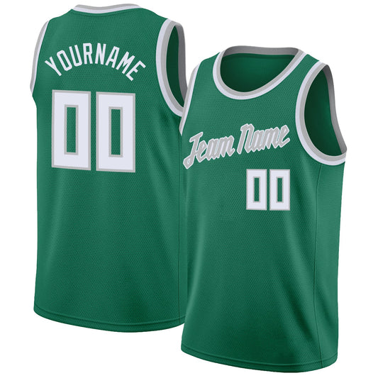 Custom Kelly Green White-Gray Round Neck Rib-Knit Basketball Jersey - Main View