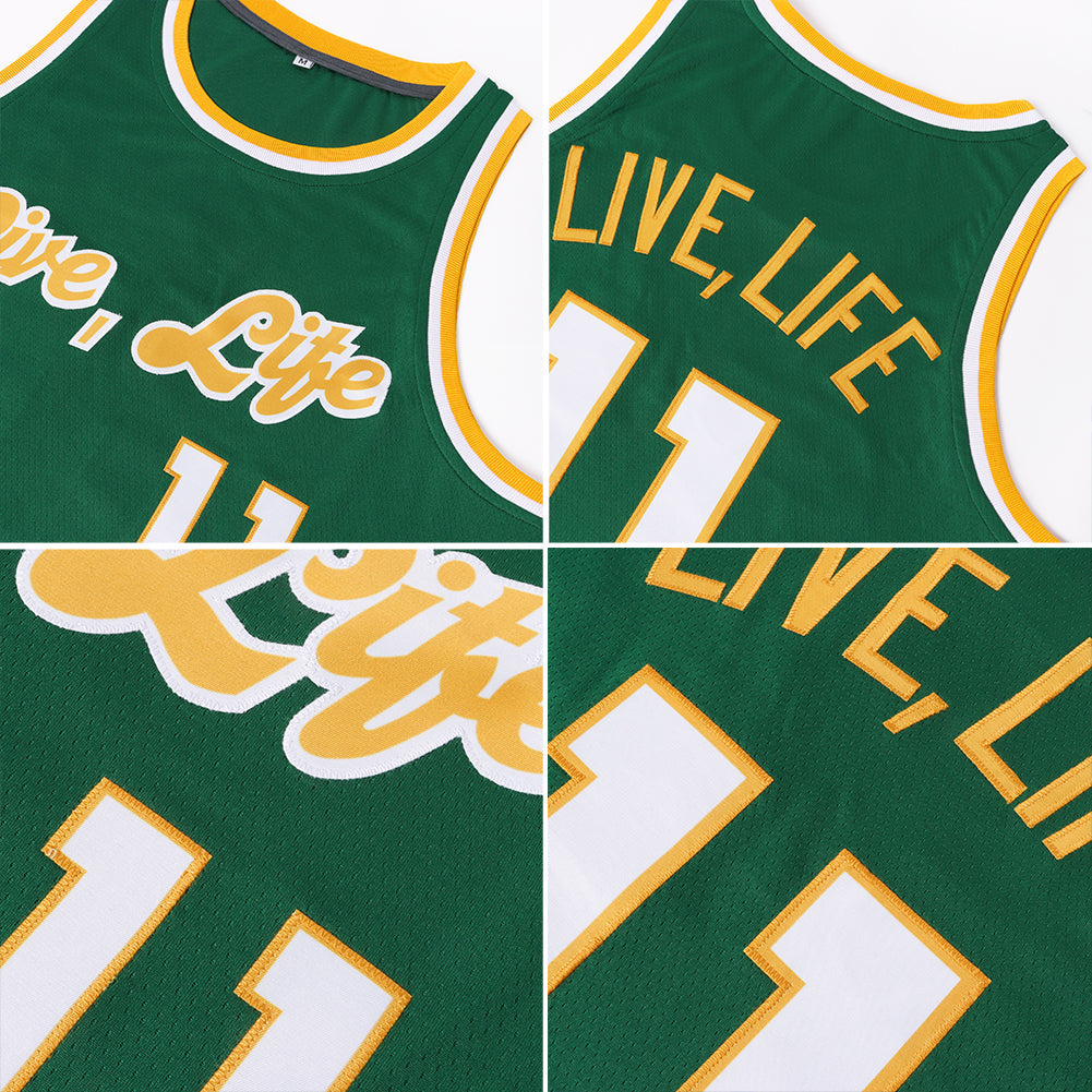 Custom Kelly Green White-Gold Round Neck Rib-Knit Basketball Jersey view 5