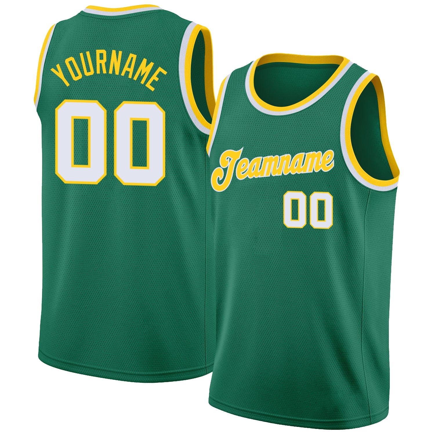Custom Kelly Green White-Gold Round Neck Rib-Knit Basketball Jersey - Main View
