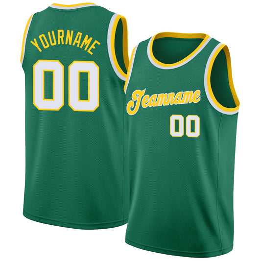Custom Kelly Green White-Gold Round Neck Rib-Knit Basketball Jersey - Main View