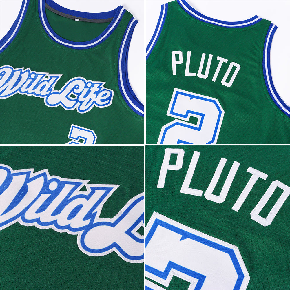 Custom Kelly Green White-Royal Round Neck Rib-Knit Basketball Jersey view 5