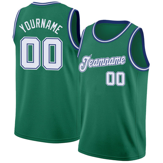 Custom Kelly Green White-Royal Round Neck Rib-Knit Basketball Jersey - Main View