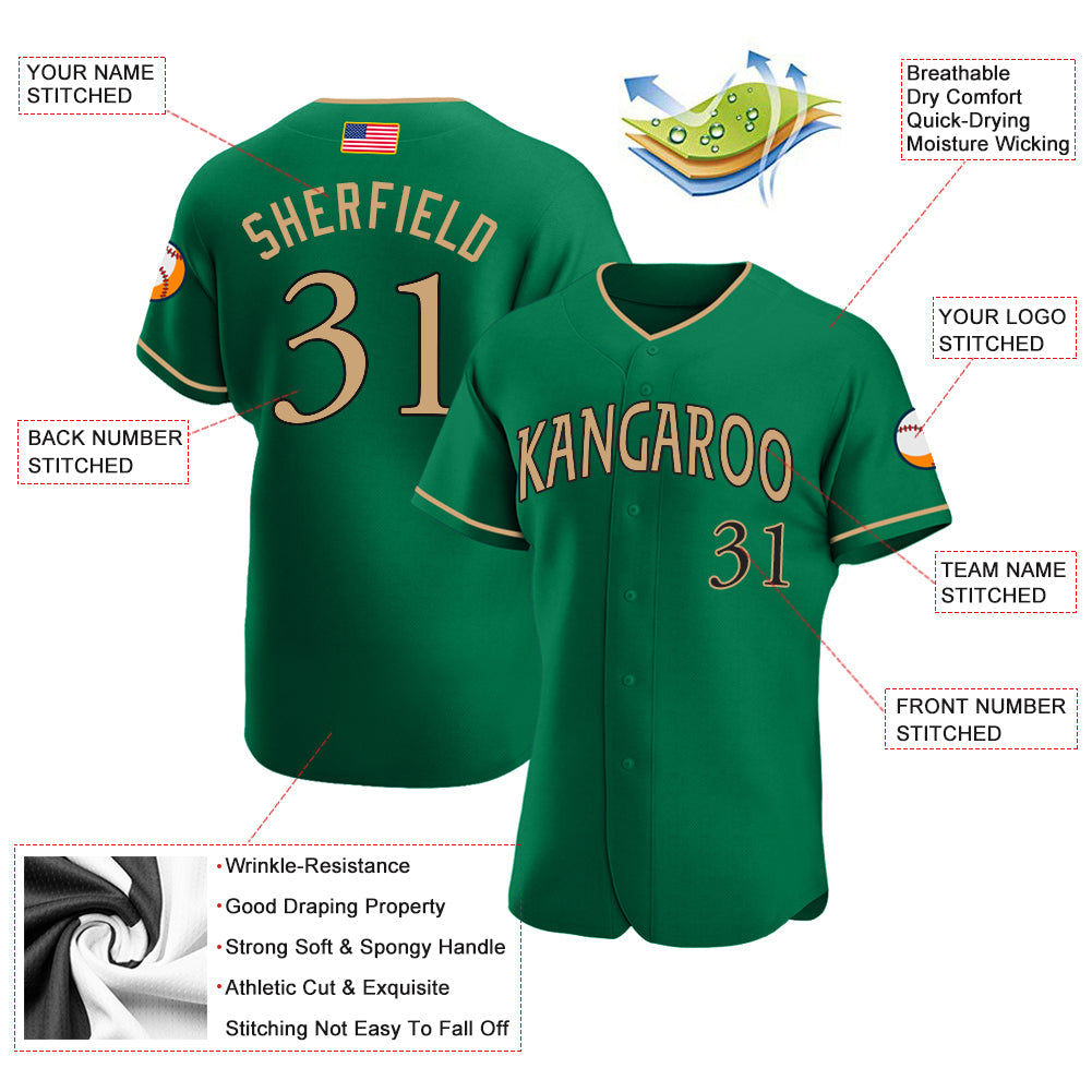 Custom Kelly Green Old Gold-Black Authentic American Flag Fashion Baseball Jersey view 3