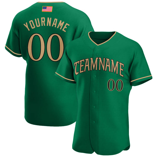 Custom Kelly Green Old Gold-Black Authentic American Flag Fashion Baseball Jersey - Main View