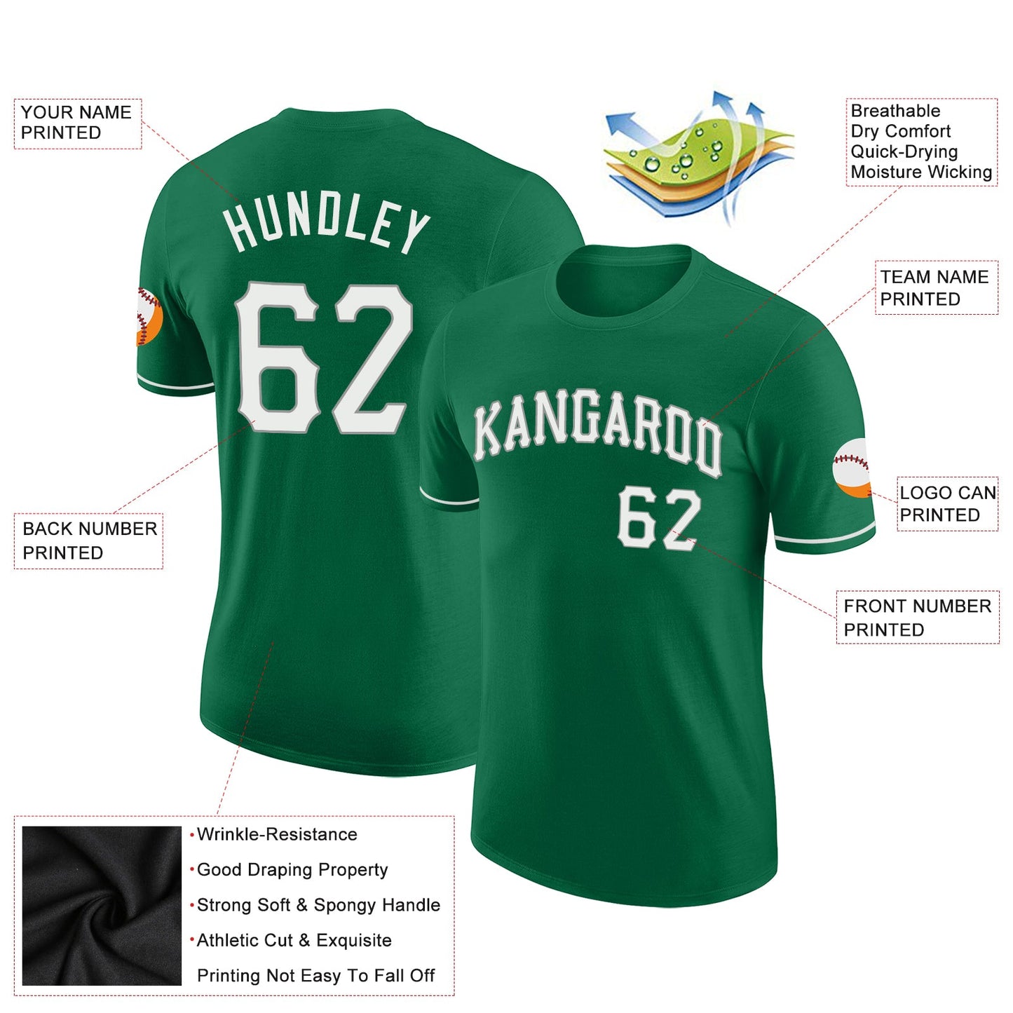 Custom Kelly Green White-Gray Performance T-Shirt view 3