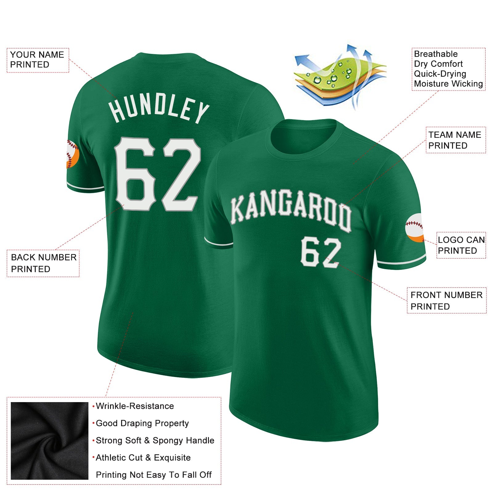 Custom Kelly Green White-Gray Performance T-Shirt view 3