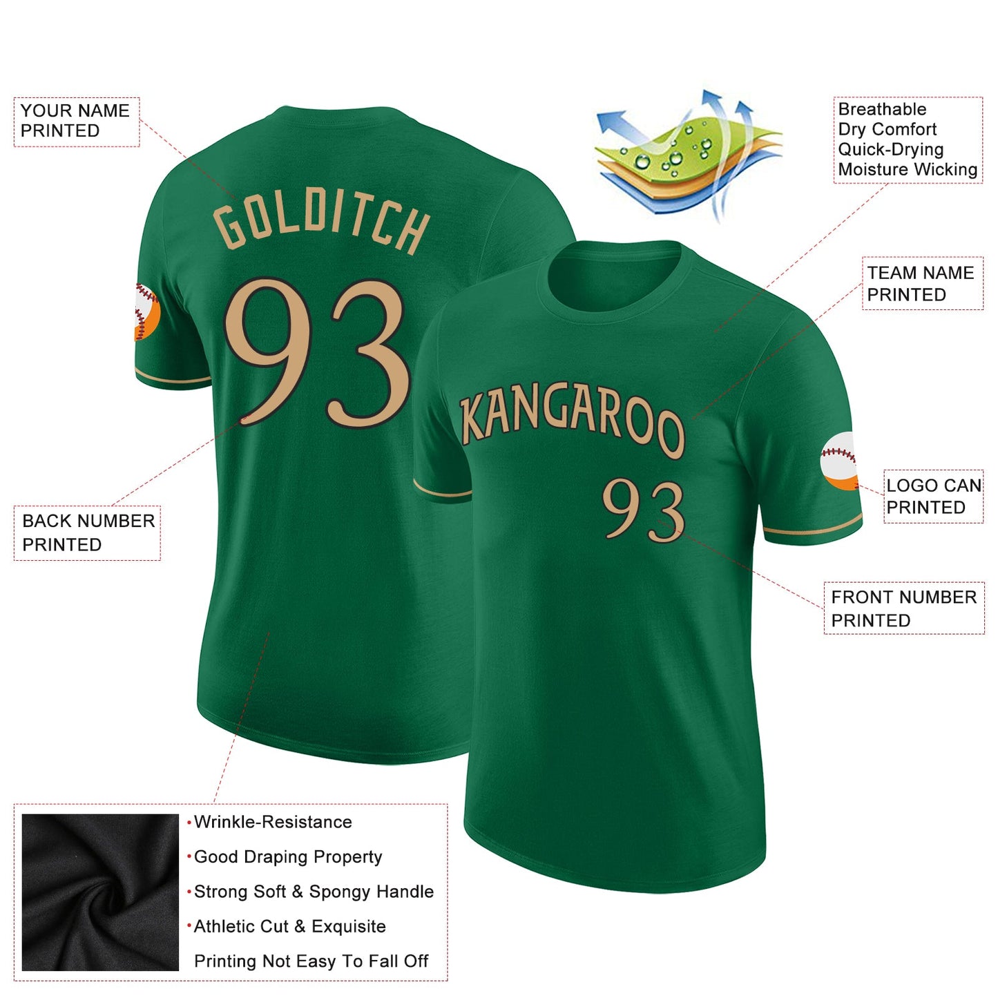 Custom Kelly Green Old Gold-Black Performance T-Shirt view 2