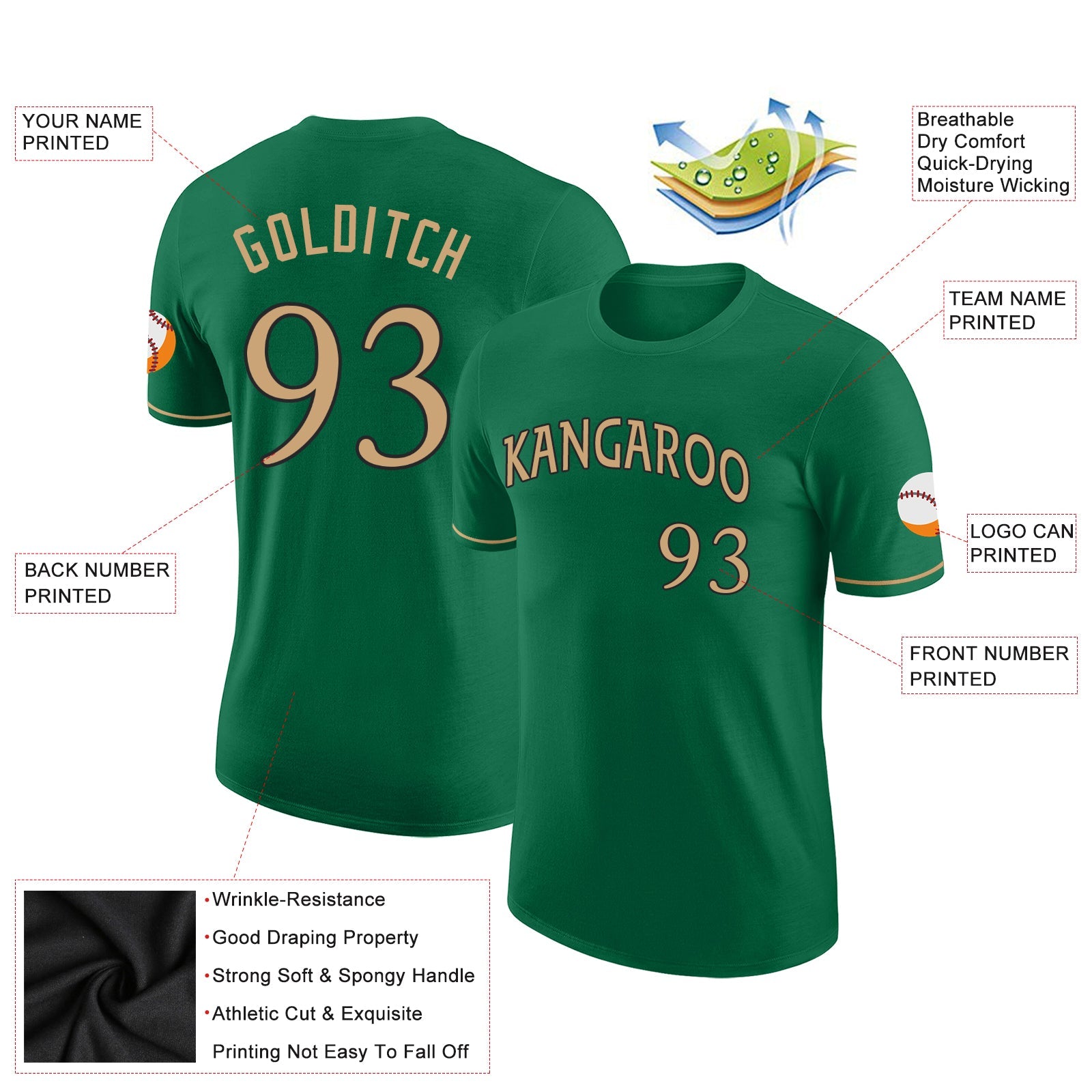 Custom Kelly Green Old Gold-Black Performance T-Shirt view 2