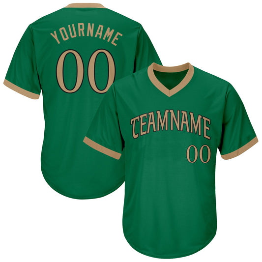 Custom Kelly Green Old Gold-Black Authentic Throwback Rib-Knit Baseball Jersey Shirt - Main View