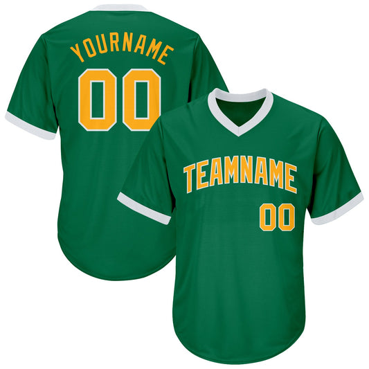 Custom Kelly Green Gold-White Authentic Throwback Rib-Knit Baseball Jersey Shirt - Main View
