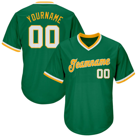 Custom Kelly Green White-Gold Authentic Throwback Rib-Knit Baseball Jersey Shirt - Main View