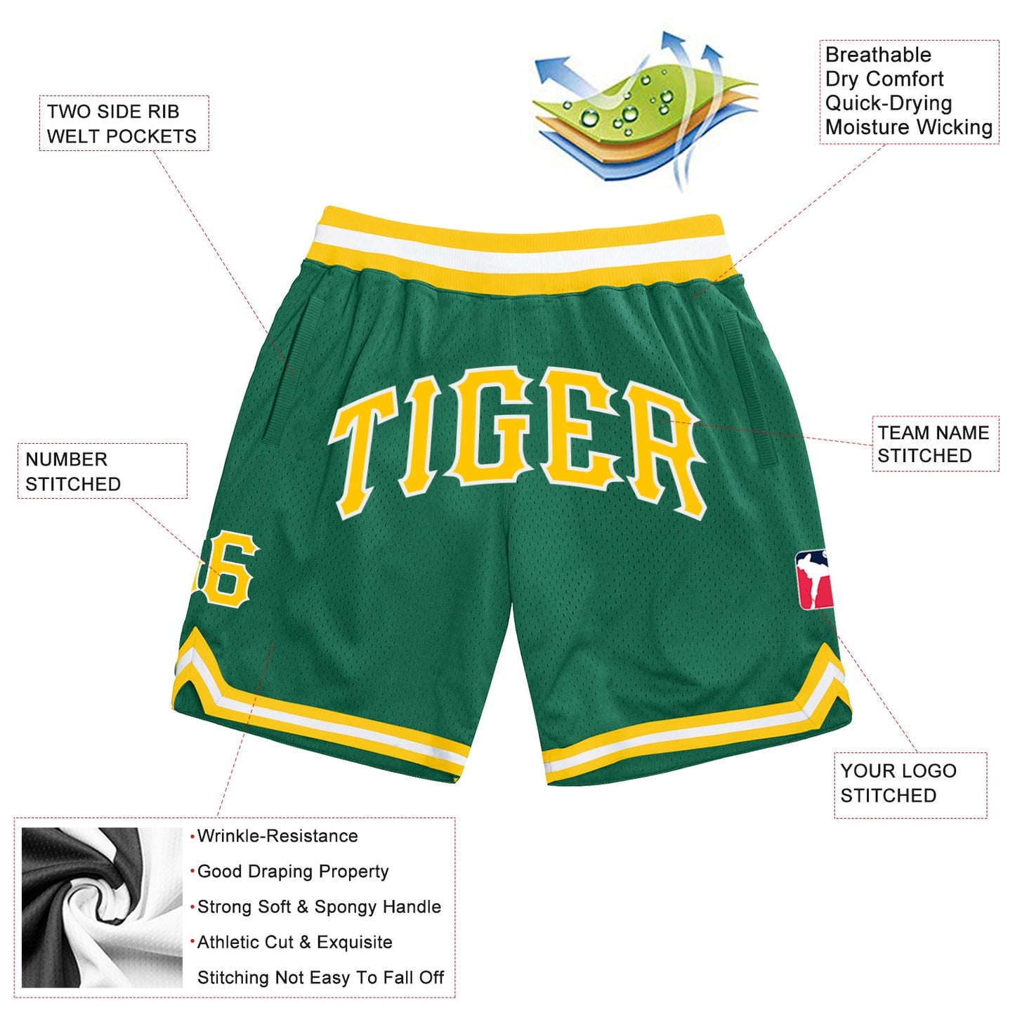 Custom Kelly Green Gold-White Authentic Throwback Basketball Shorts view 2