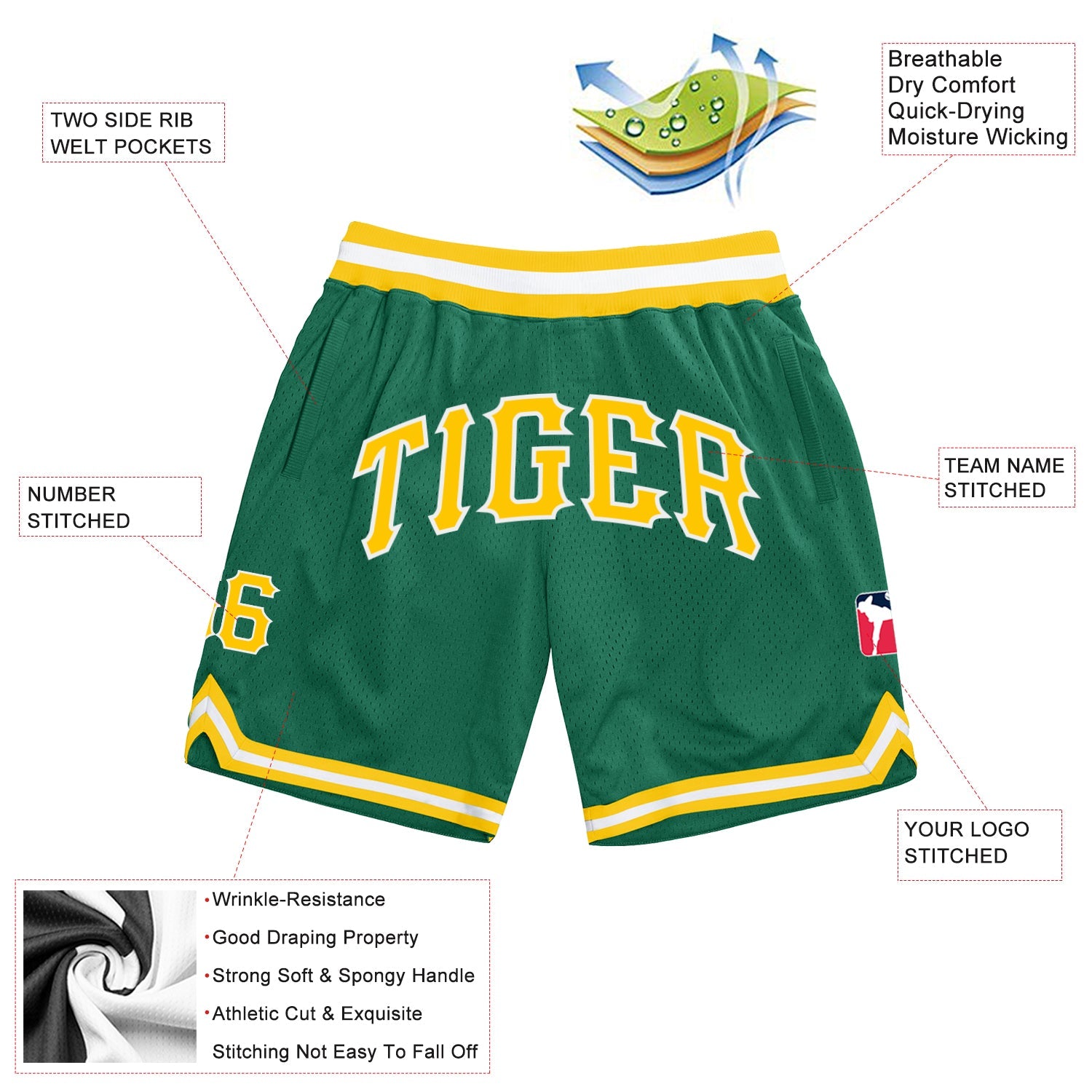 Custom Kelly Green Gold-White Authentic Throwback Basketball Shorts view 2