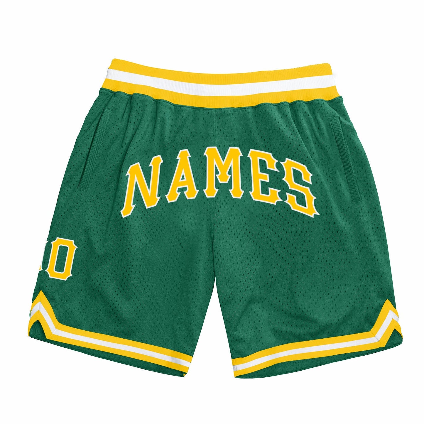 Custom Kelly Green Gold-White Authentic Throwback Basketball Shorts - Main View