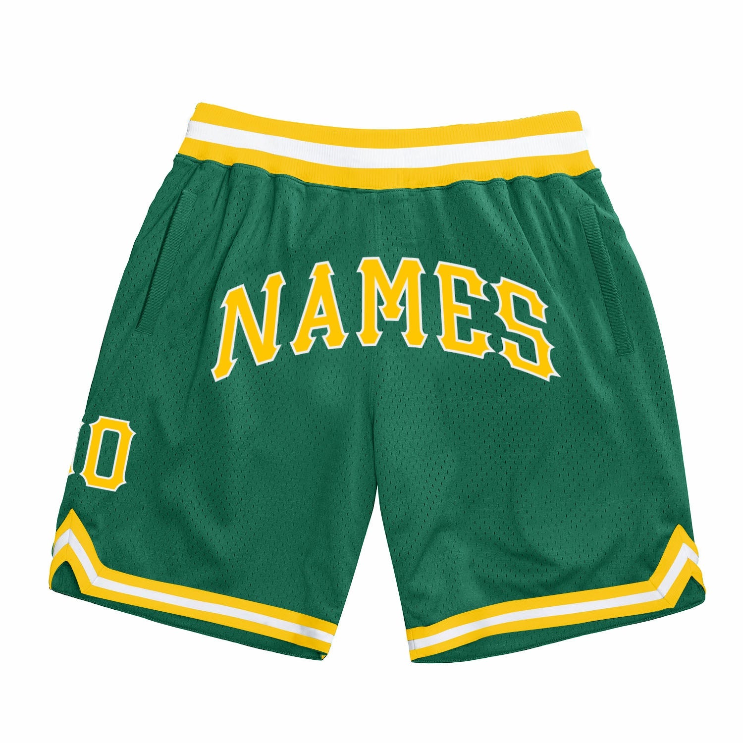 Custom Kelly Green Gold-White Authentic Throwback Basketball Shorts - Main View