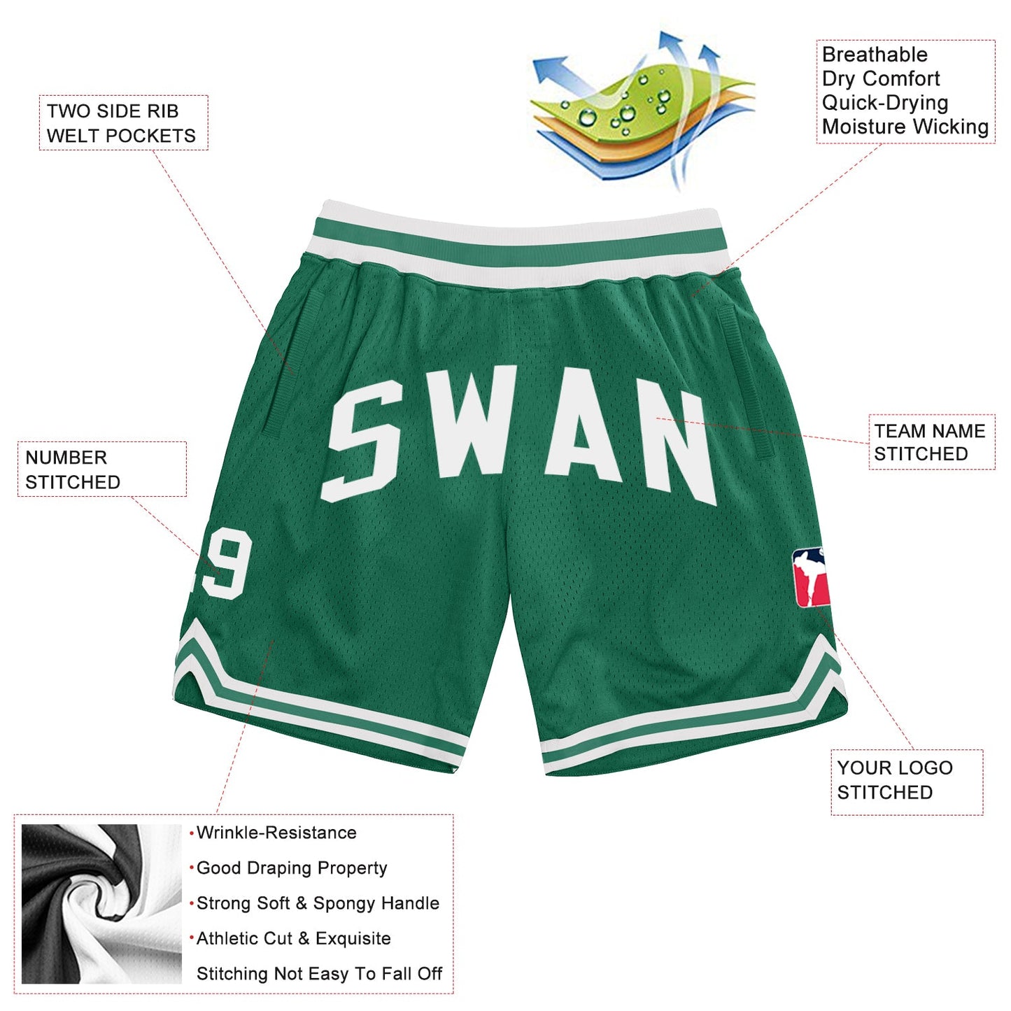 Custom Kelly Green White Authentic Throwback Basketball Shorts view 2