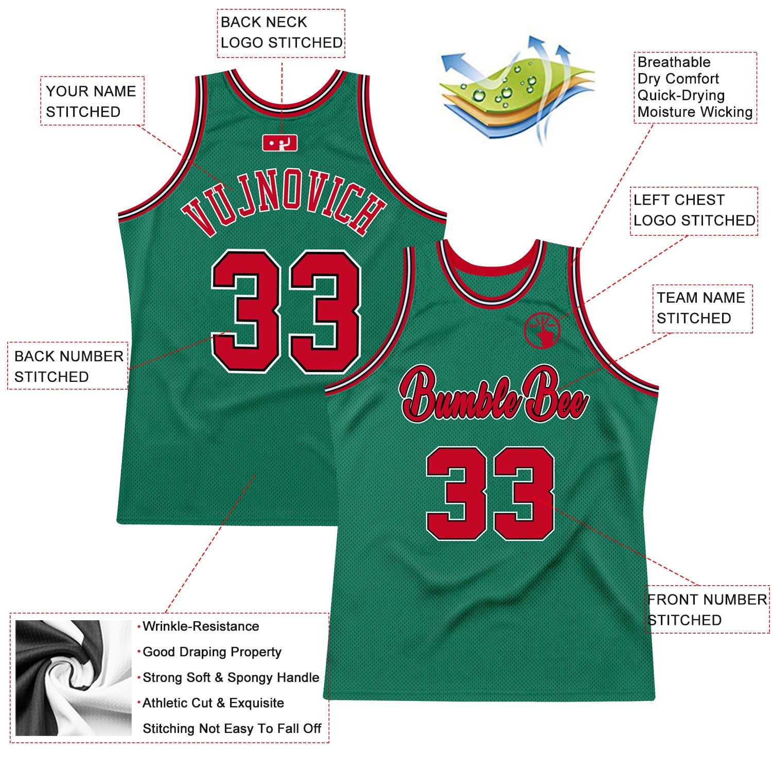 Custom Kelly Green Red-Black Authentic Throwback Basketball Jersey view 2