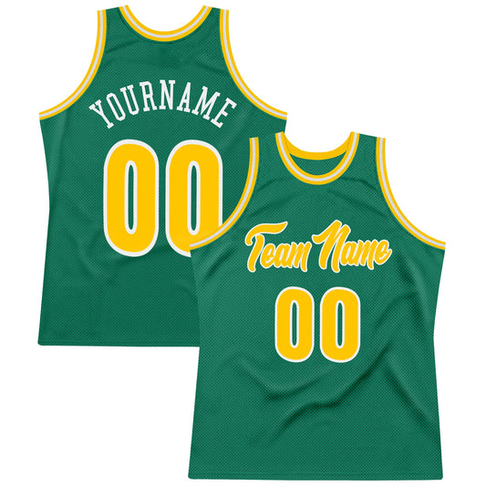 Custom Kelly Green Gold-White Authentic Throwback Basketball Jersey - Main View
