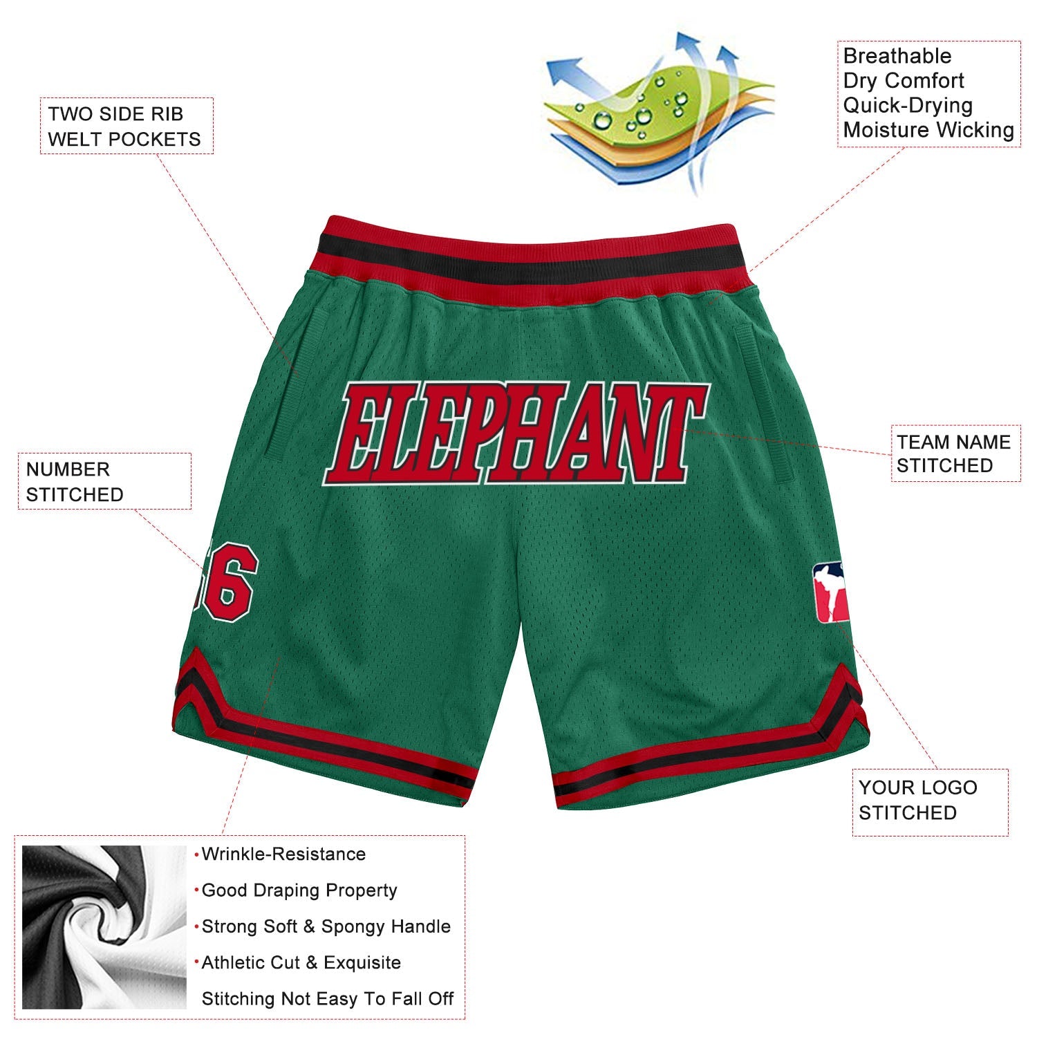 Custom Kelly Green Red-Black Authentic Throwback Basketball Shorts view 2