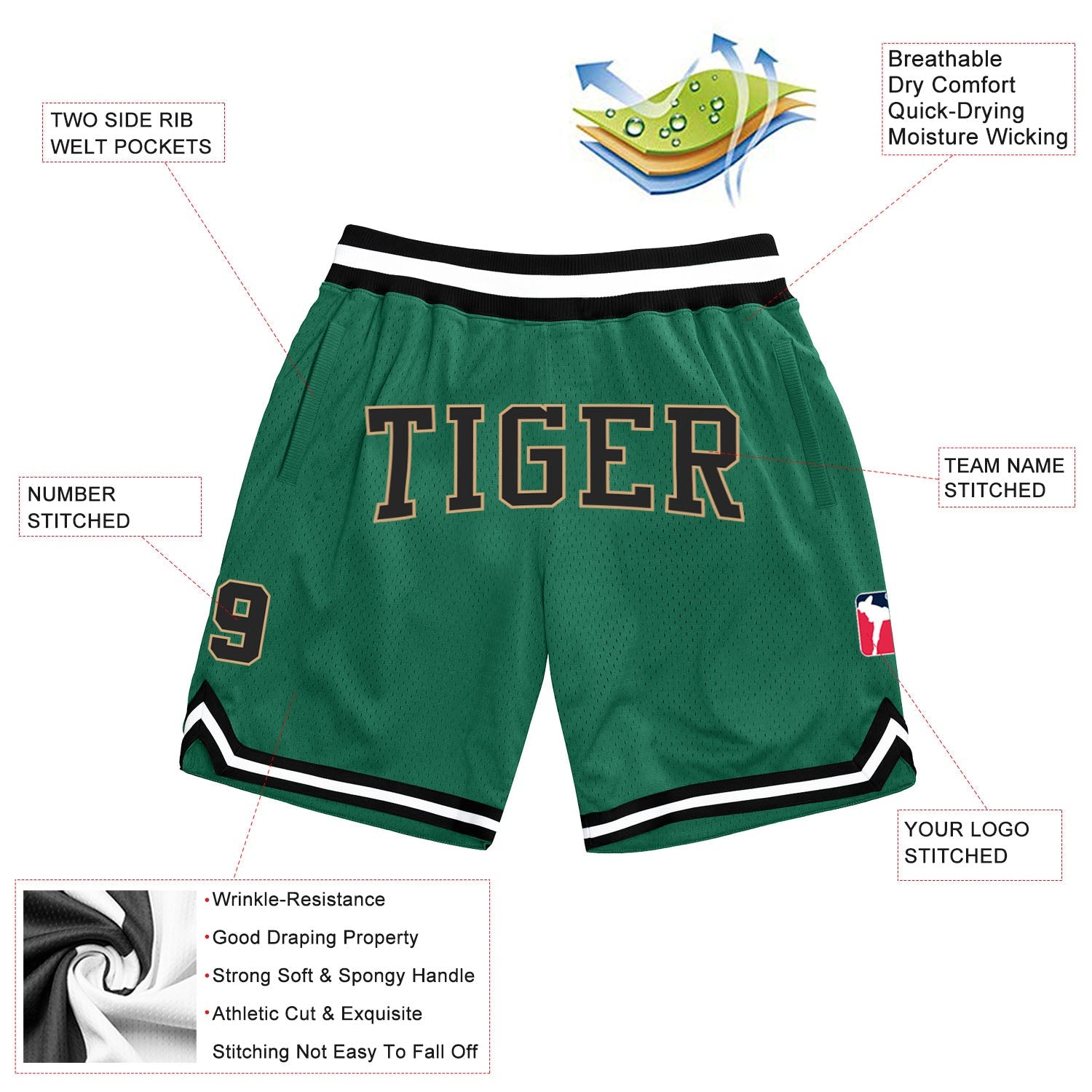Custom Kelly Green Black-Old Gold Authentic Throwback Basketball Shorts view 2