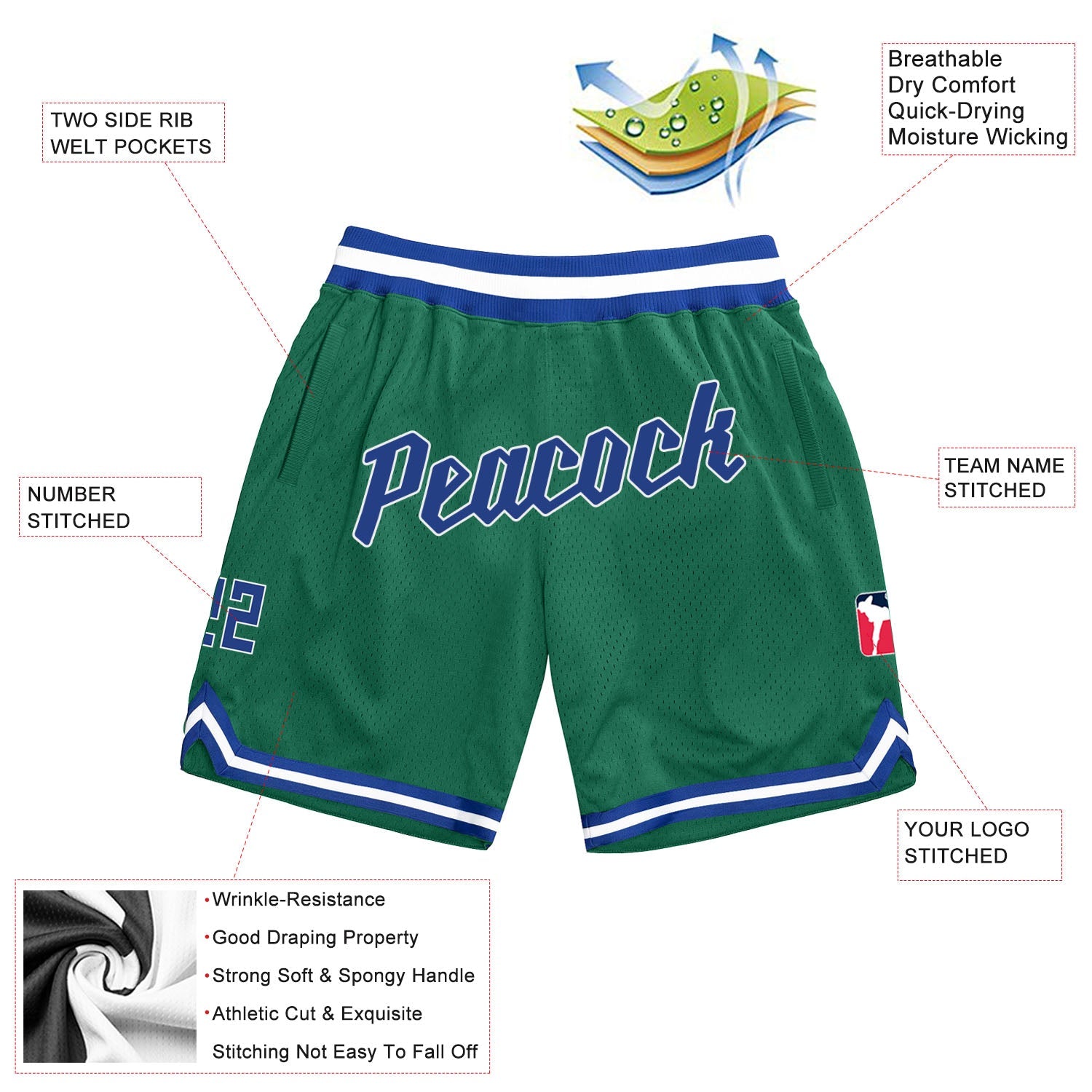 Custom Kelly Green Royal-White Authentic Throwback Basketball Shorts view 2