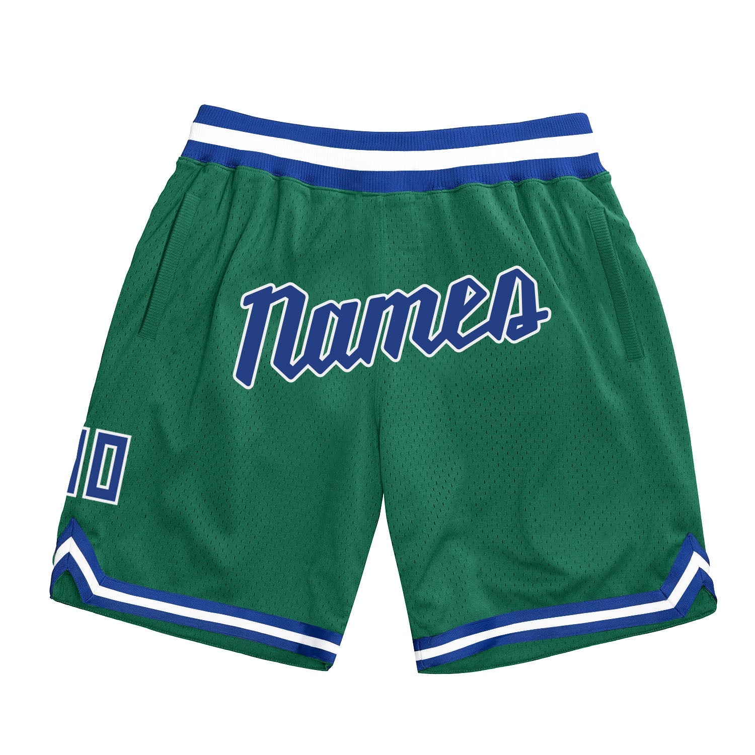 Custom Kelly Green Royal-White Authentic Throwback Basketball Shorts - Main View