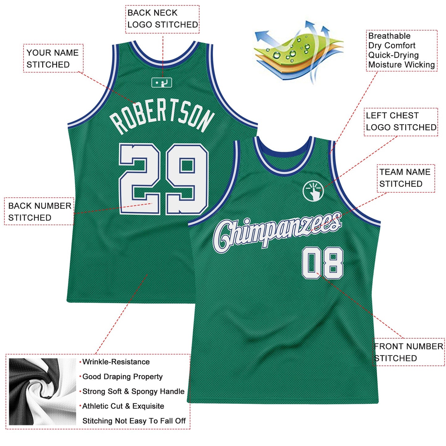 Custom Kelly Green White-Royal Authentic Throwback Basketball Jersey view 2