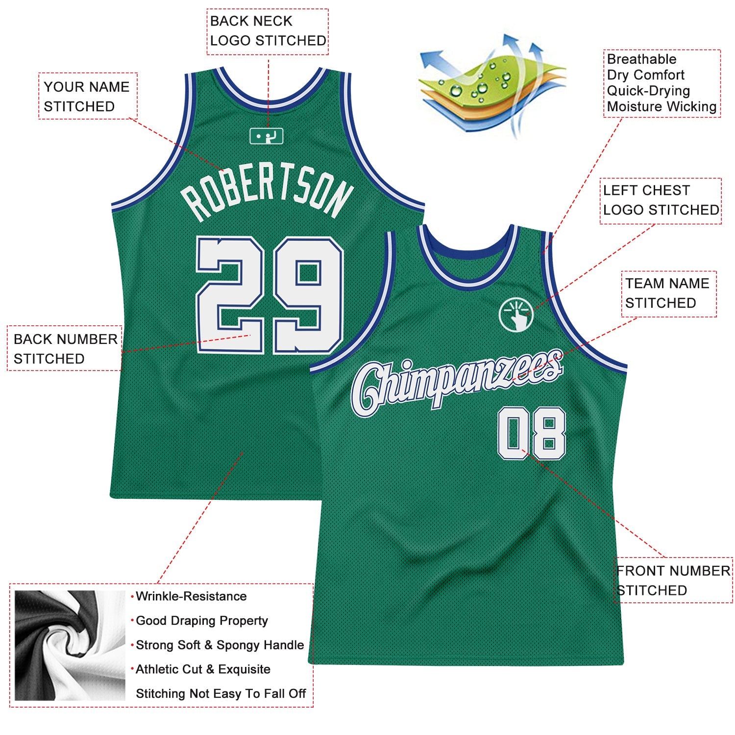 Custom Kelly Green White-Royal Authentic Throwback Basketball Jersey view 2