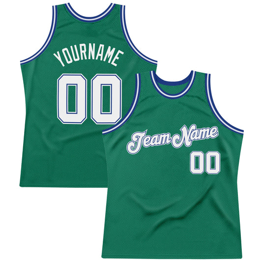 Custom Kelly Green White-Royal Authentic Throwback Basketball Jersey - Main View