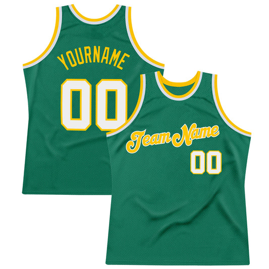 Custom Kelly Green White-Gold Authentic Throwback Basketball Jersey - Main View