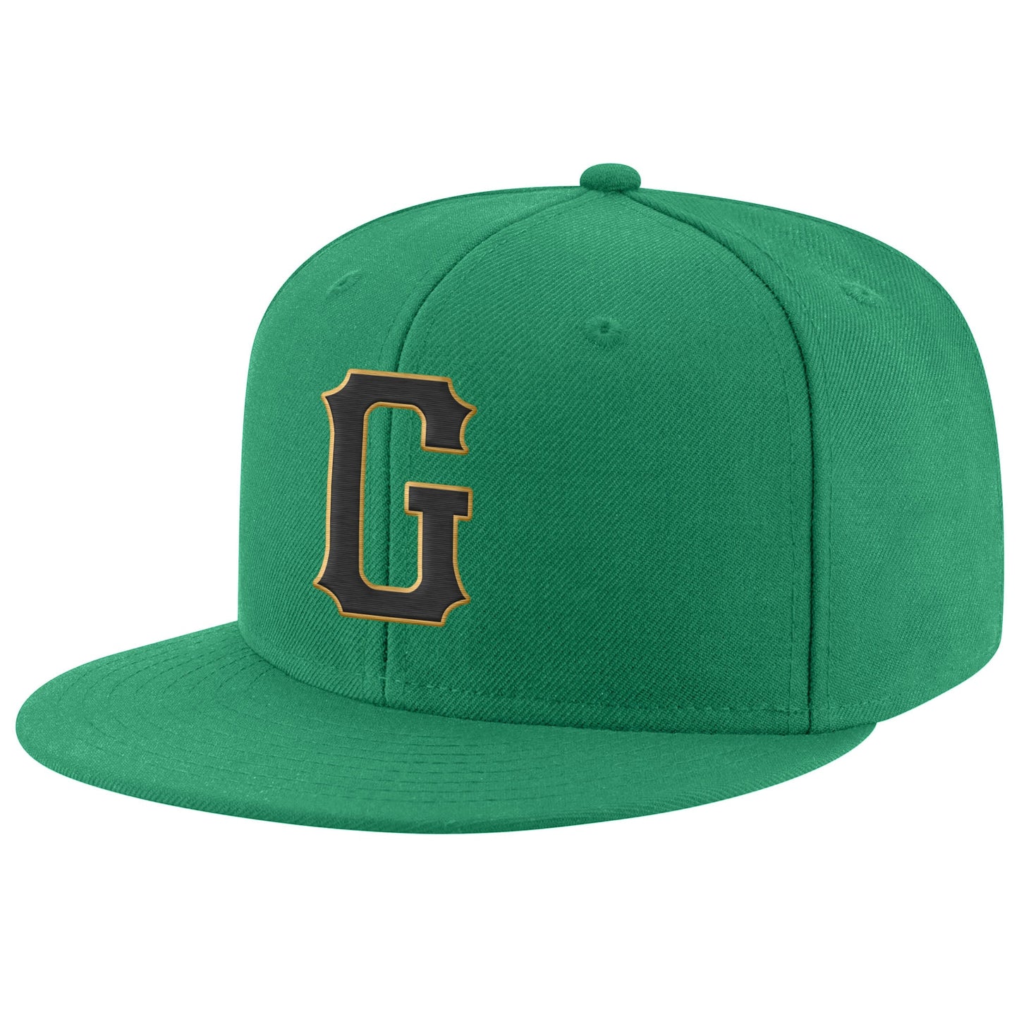 Custom Kelly Green Black-Old Gold Stitched Adjustable Snapback Hat - Main View