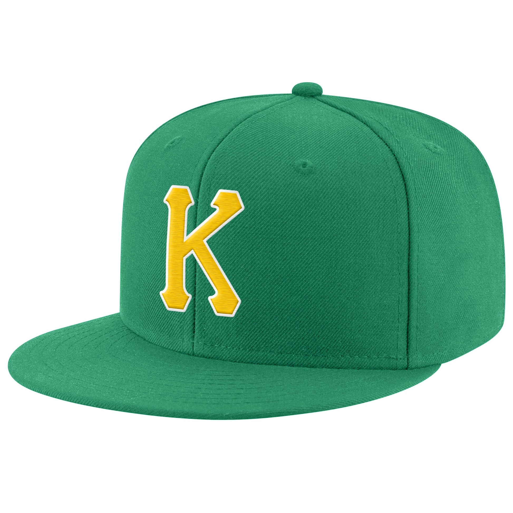 Custom Kelly Green Gold-White Stitched Adjustable Snapback Hat - Main View