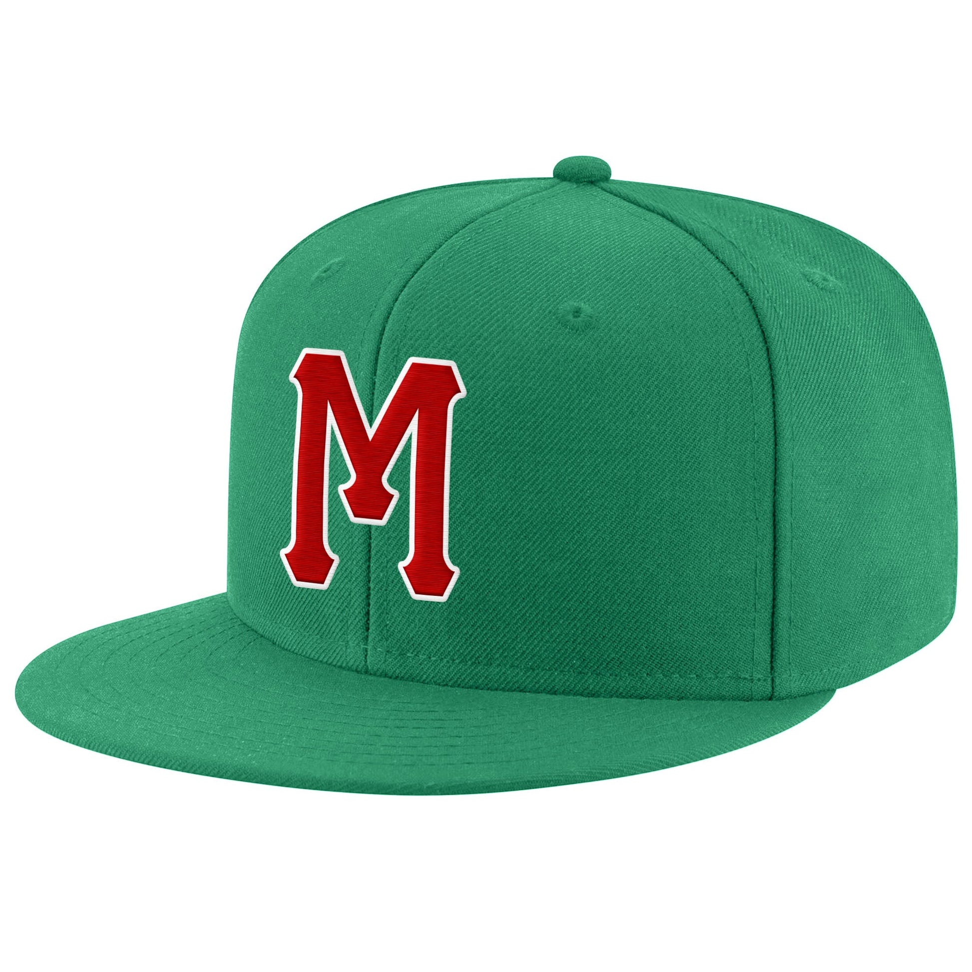 Custom Kelly Green Red-White Stitched Adjustable Snapback Hat - Main View