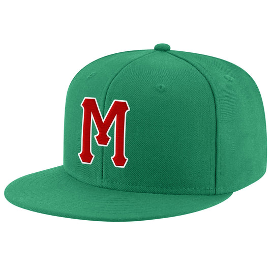 Custom Kelly Green Red-White Stitched Adjustable Snapback Hat - Main View