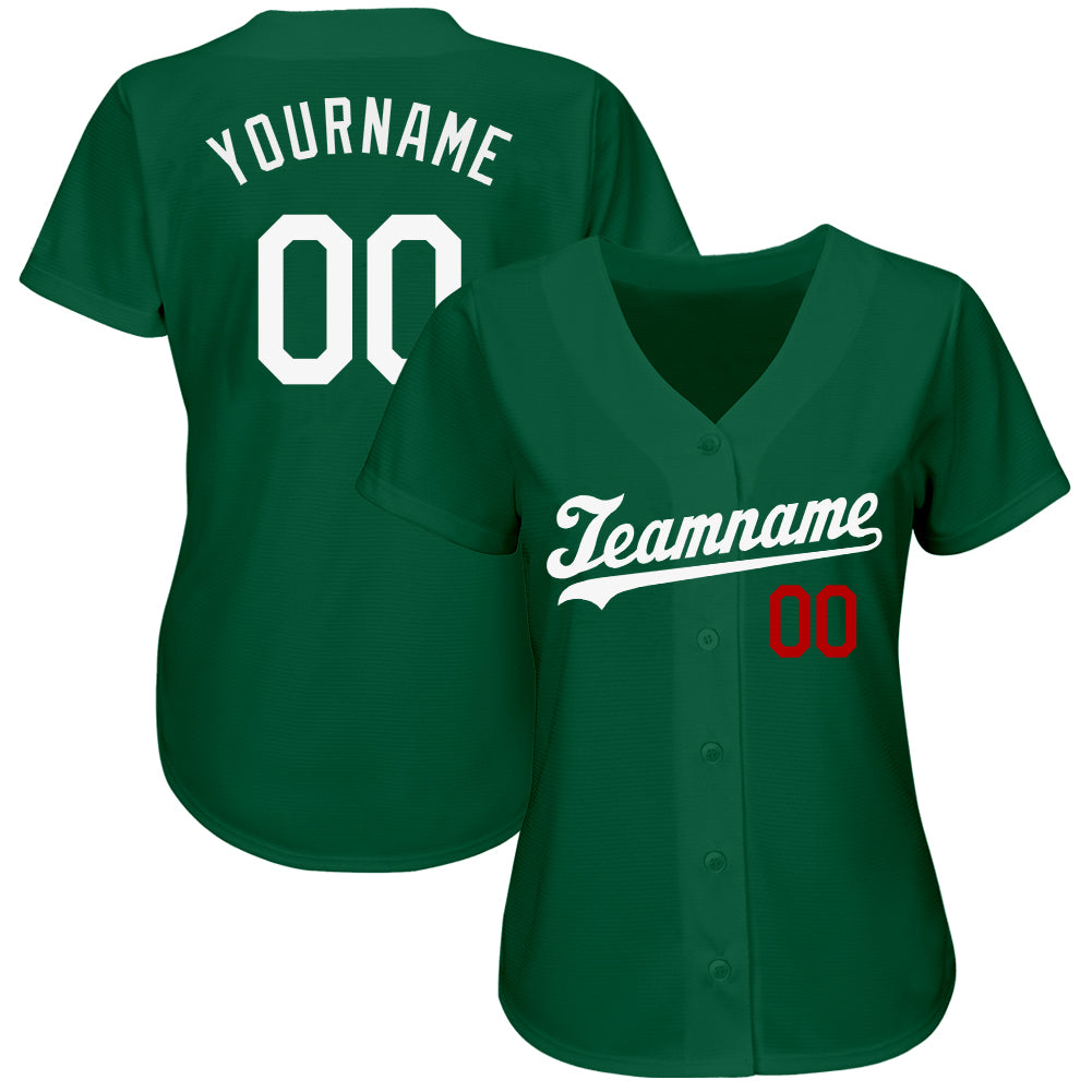 Custom Kelly Green White-Red Authentic Baseball Jersey view 2