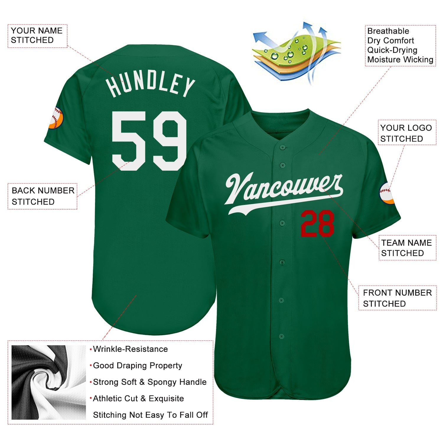 Custom Kelly Green White-Red Authentic Baseball Jersey view 3
