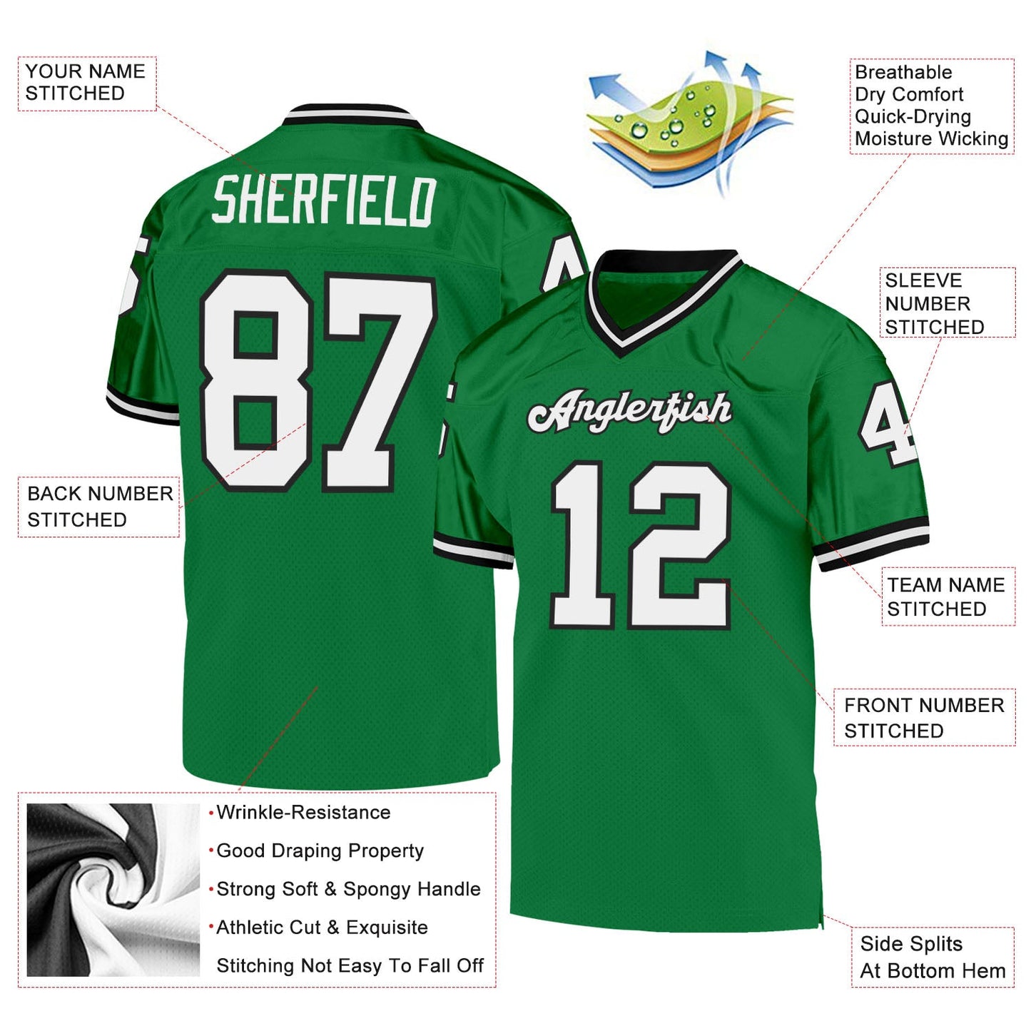 Custom Grass Green White-Black Mesh Authentic Throwback Football Jersey view 4