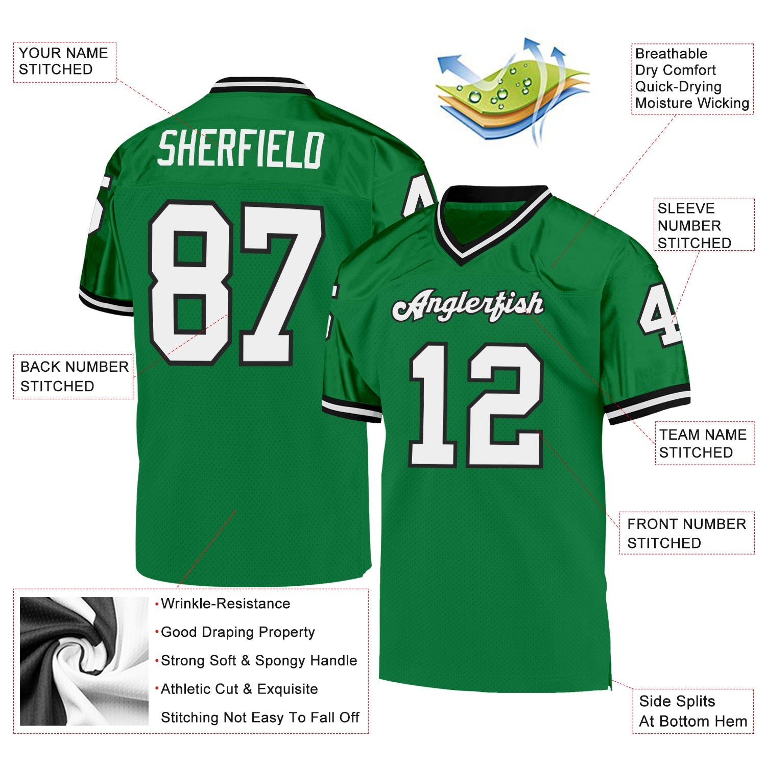 Custom Grass Green White-Black Mesh Authentic Throwback Football Jersey view 4