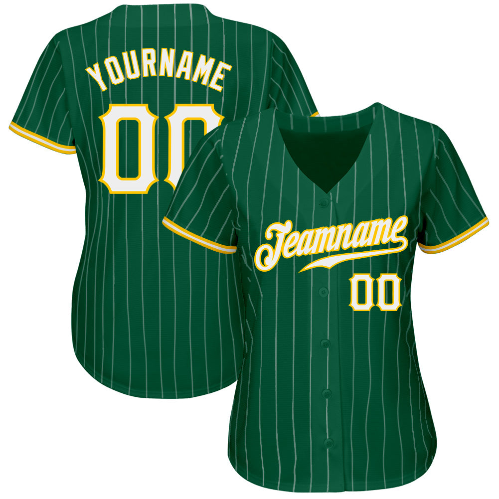 Custom Kelly Green White Pinstripe White-Gold Authentic Baseball Jersey view 2