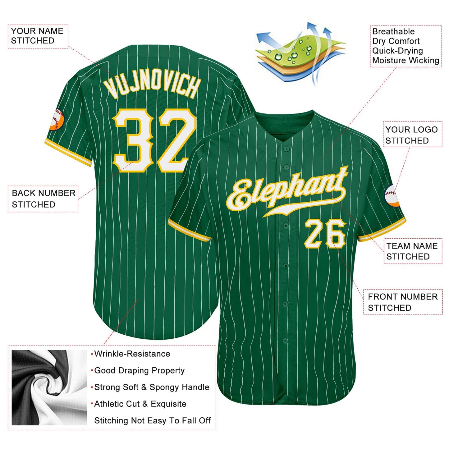 Custom Kelly Green White Pinstripe White-Gold Authentic Baseball Jersey view 3