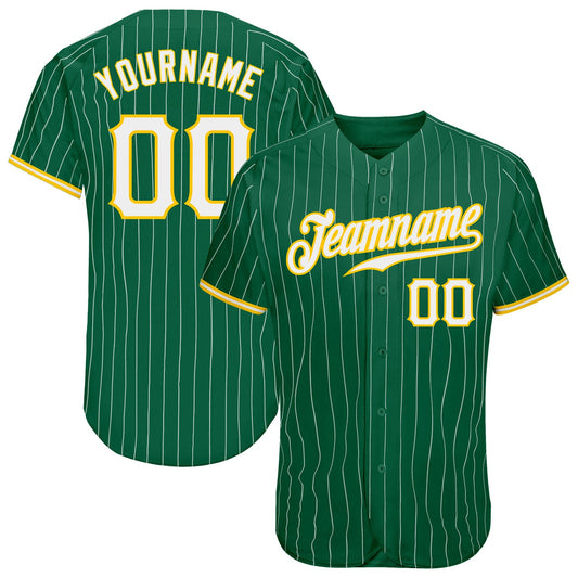 Custom Kelly Green White Pinstripe White-Gold Authentic Baseball Jersey - Main View